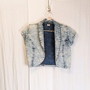 Acid-Wash Denim Crop Jacket Round Collar Bat Wing Sleeves S Nostalgia